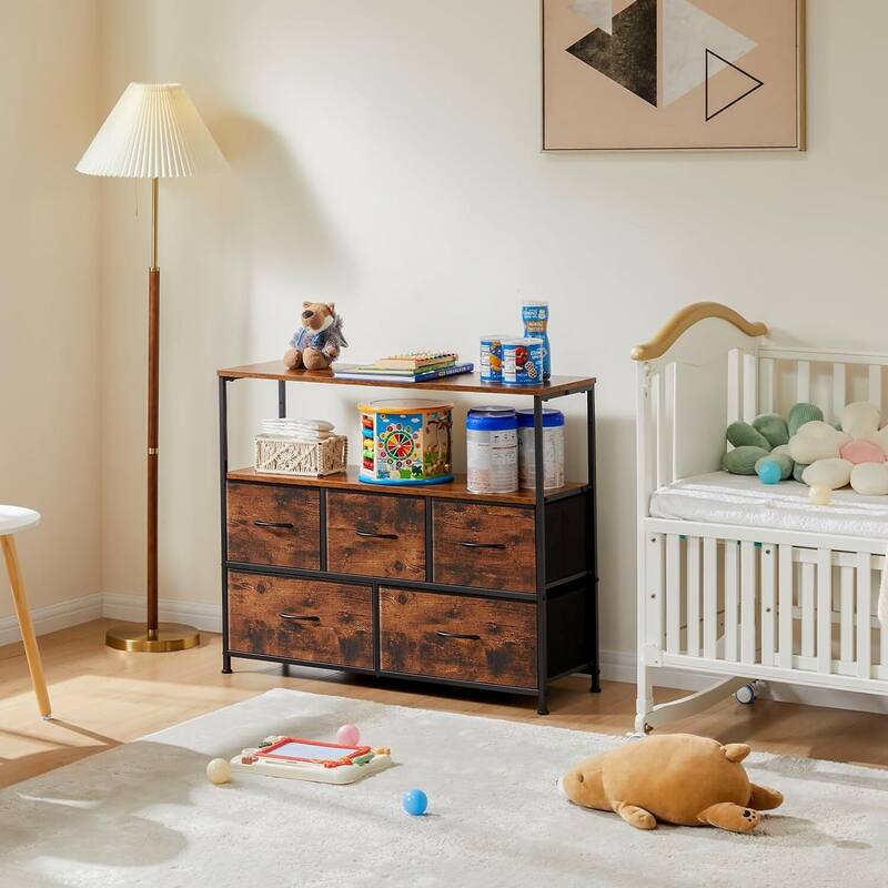 Modern 5 Fabric Drawer 11.8 in. Wide Chest of Drawers with Open Shelf & TV Stand for 45 Inch TV Living Room - Brown
