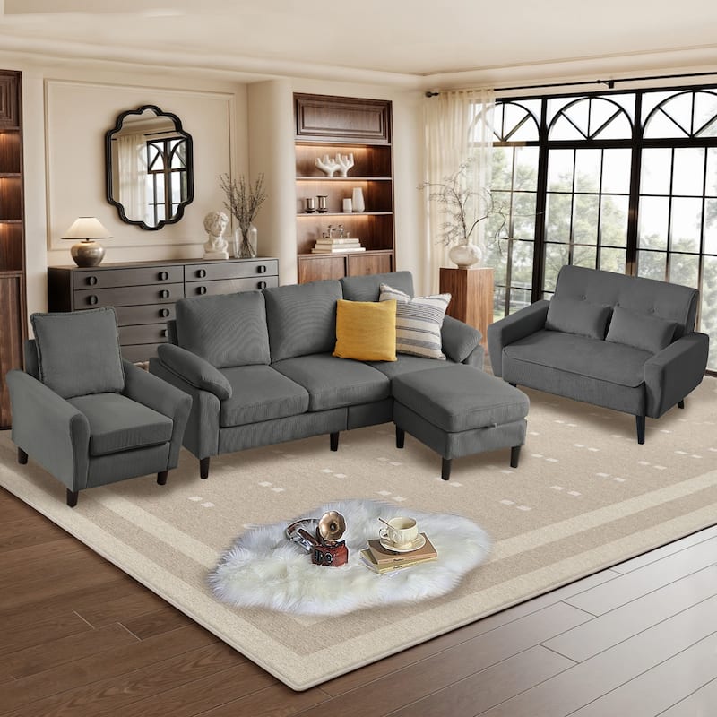 4-Piece Corduroy Living Room Sectional Sofa Set with Loveseat and Chair