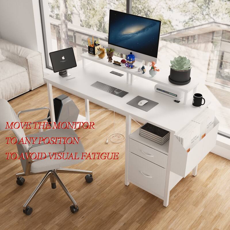 Anmytek Sturdy Office Desk with Power Outlet 2 Monitor Stands 2 Drawers Side Pocket Reversible Frame