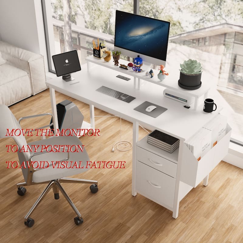 Computer Desk with 2 Drawers & Power Outlets, Gaming Desk with 2 Monitor Stands & Side Pocket, Small Home Office Desk