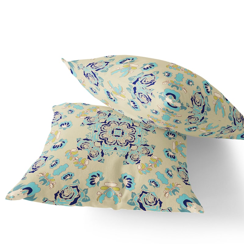 HomeRoots Set of Two 16" X 16" Blue and Off White Blown Seam Floral Indoor Outdoor Throw Pillow - 16.00' X '16.00' X '5.00
