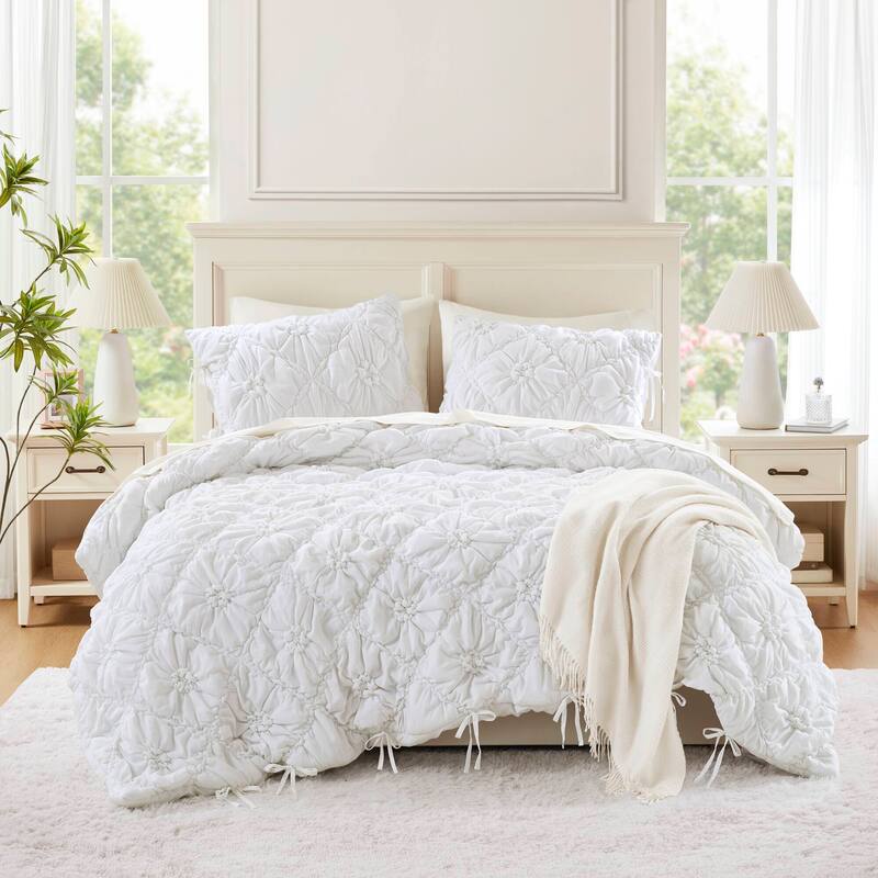 Rossetta 3-Piece Full/Queen Extured Floral Cozy Puffy Design Comforter Set - White