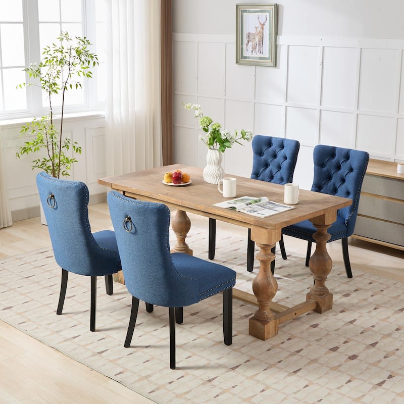 Upholstered Linen Dining Chair with Wood Legs Nailhead Trim 2-Pcs Set