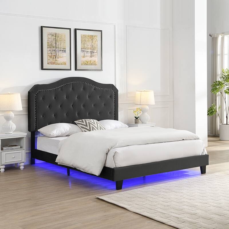 Queen Size Velvet Upholstered Platform Bed with Button-Tufted Headboard, LED Lighting and Wood Slat Support - Black