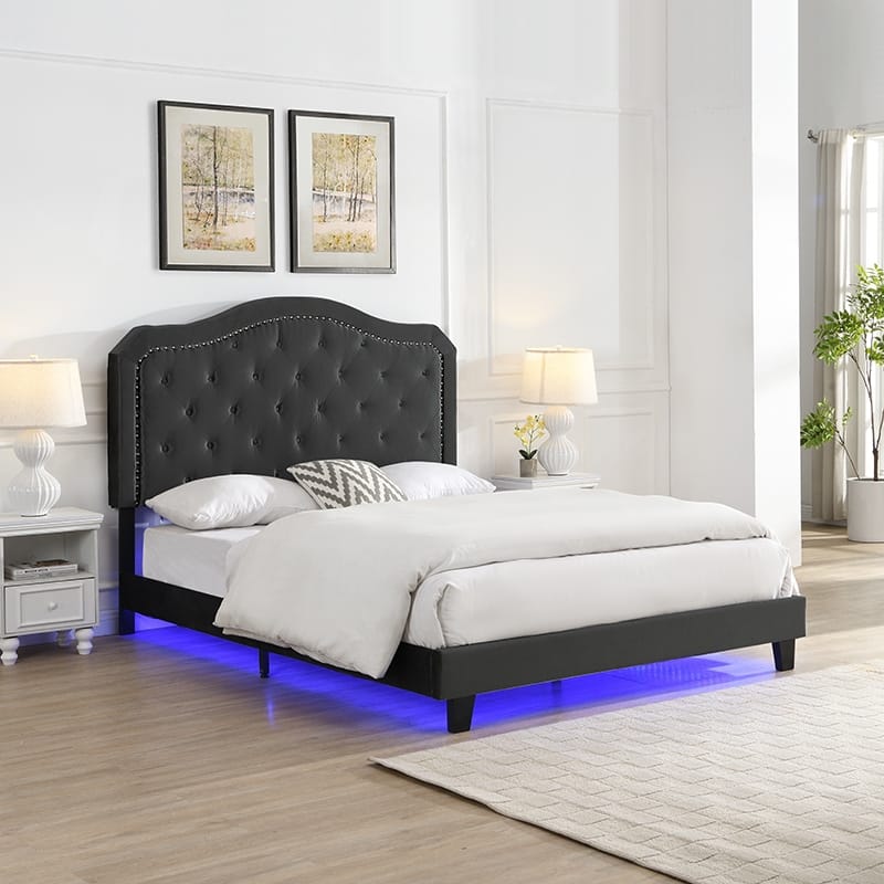Upholstered Bed Button Tufted with Curve Design - Strong Wood Slat Support - Velvet - with LED Light-Platform Bed - Queen Size