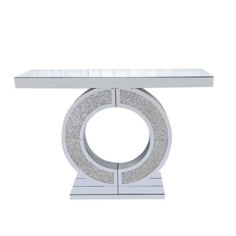 Hallway Entryway Table, Mirrored Side Table Accent Table with Handcrafted O-Shaped Design, Crystal Silver Console Table