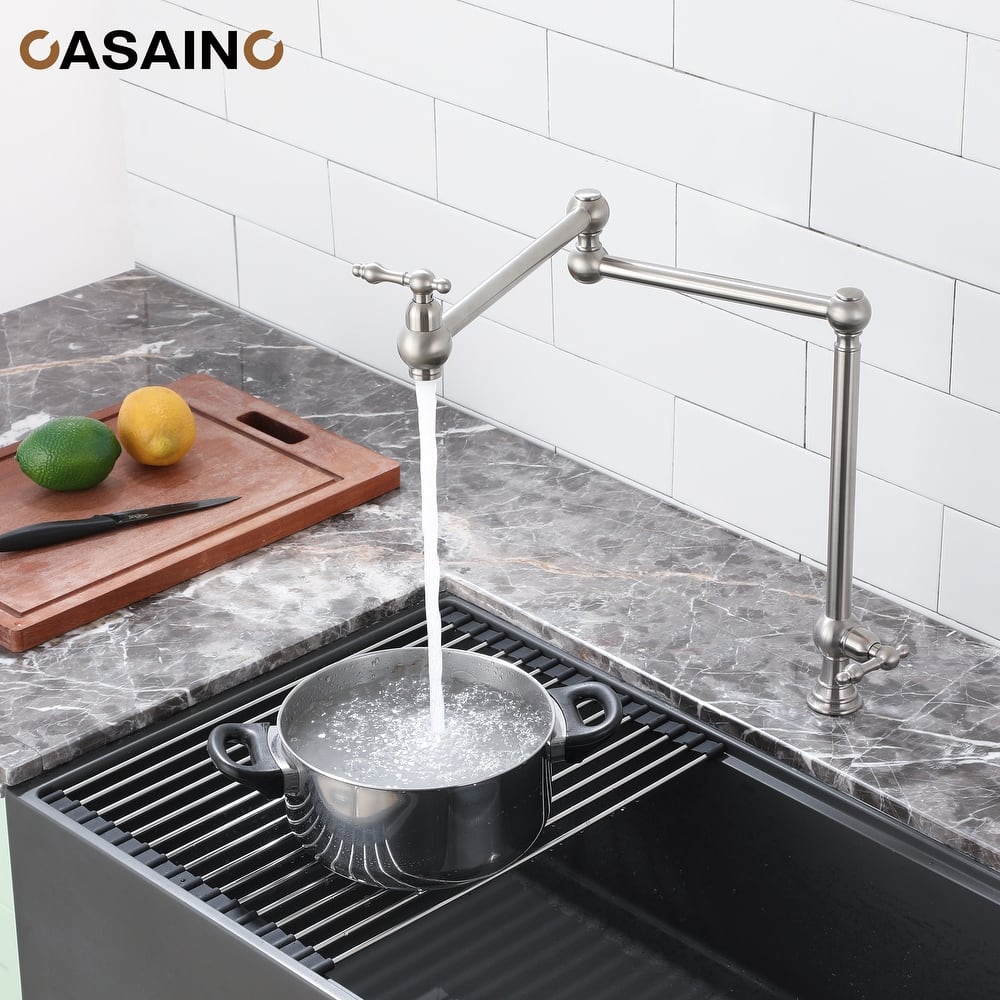 Vintage Deck Mount Pot Filler Kitchen Faucet, with Folding Stretchable Double Joint Swing Arms