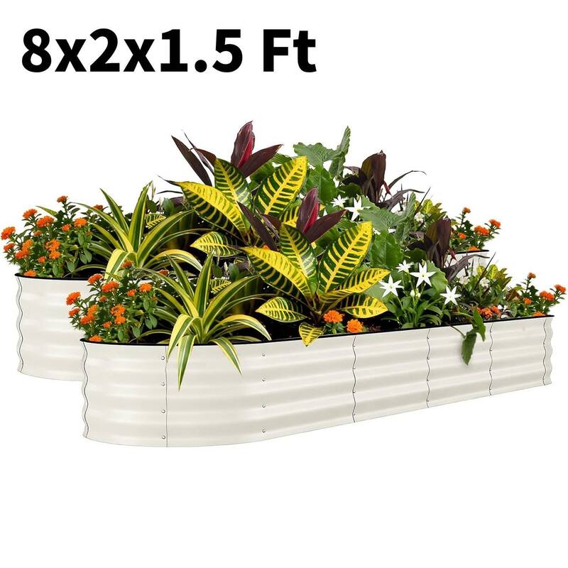 2 PCS 8x2x1.5 FT Galvanized Steel Raised Garden Bed, Planter for Vegetables, Flowers with Anti-Cut Strips - N/A - White