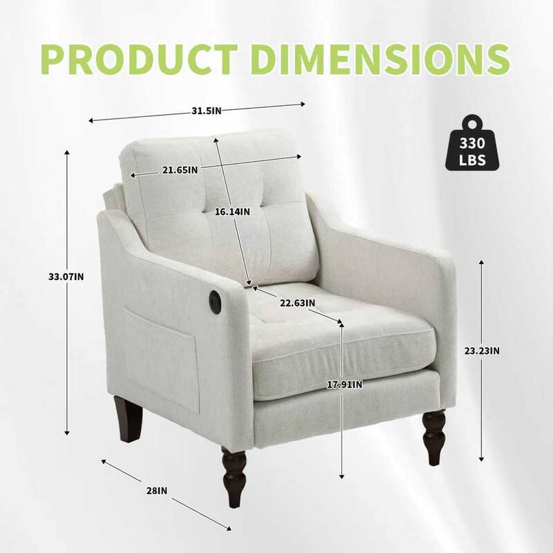 Chenille Accent Armchair, Upholstered Lounge Chair with USB Port, Single Sofa Chair with Wooden Legs & Side Storage