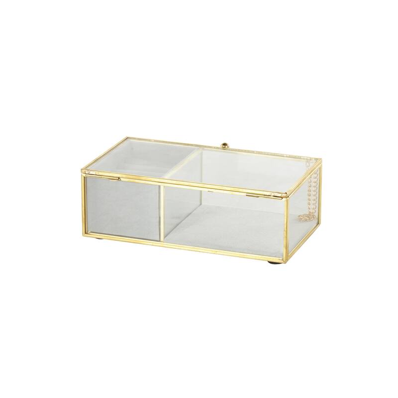 Glass Decorative Jewelry Box with Gold Metal Frame and Gray Fabric Interior with Ring Slots - Clear - Roche River Decor