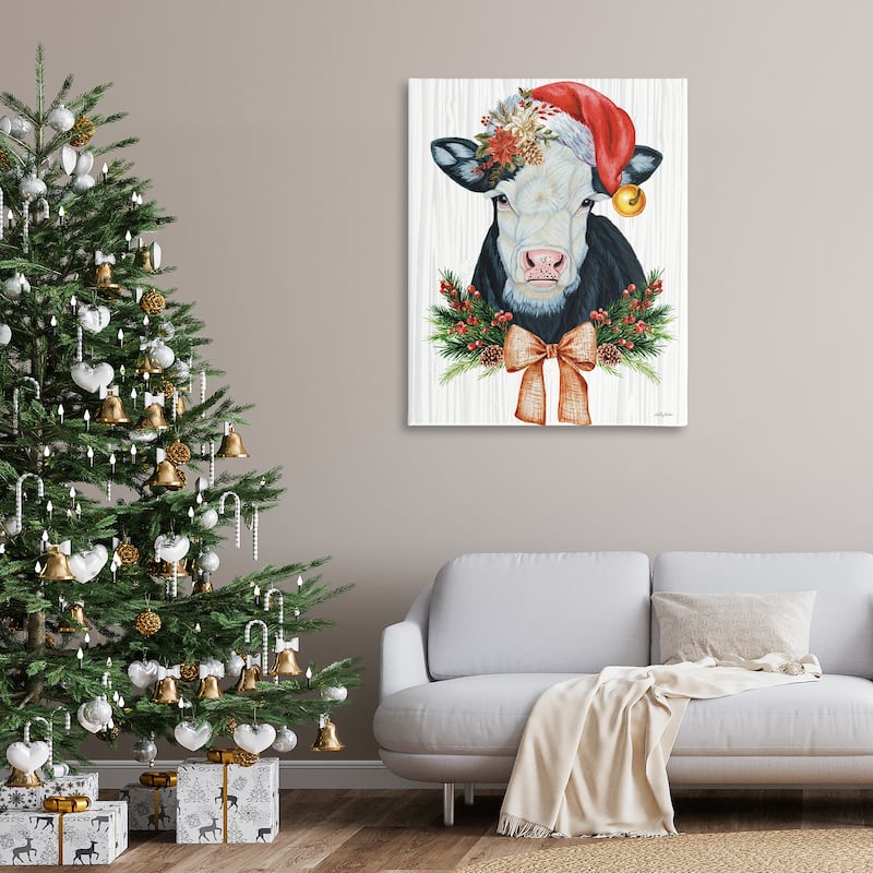 Stupell Festive Cow in Christmas Hat Canvas Wall Art Design By Ashley Justice