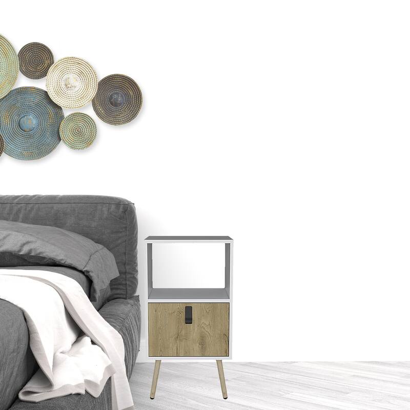 22" White and Beige Wood Nightstand with Drawer and Shelf Modern Accent Table for Bedroom or Hallway