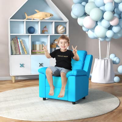 Blue Convertible Recliner Kids Sofa Chair for 3-9 Years with Padded Back and PU Cover - 23.6" W x 25.6" D x 29.5" H