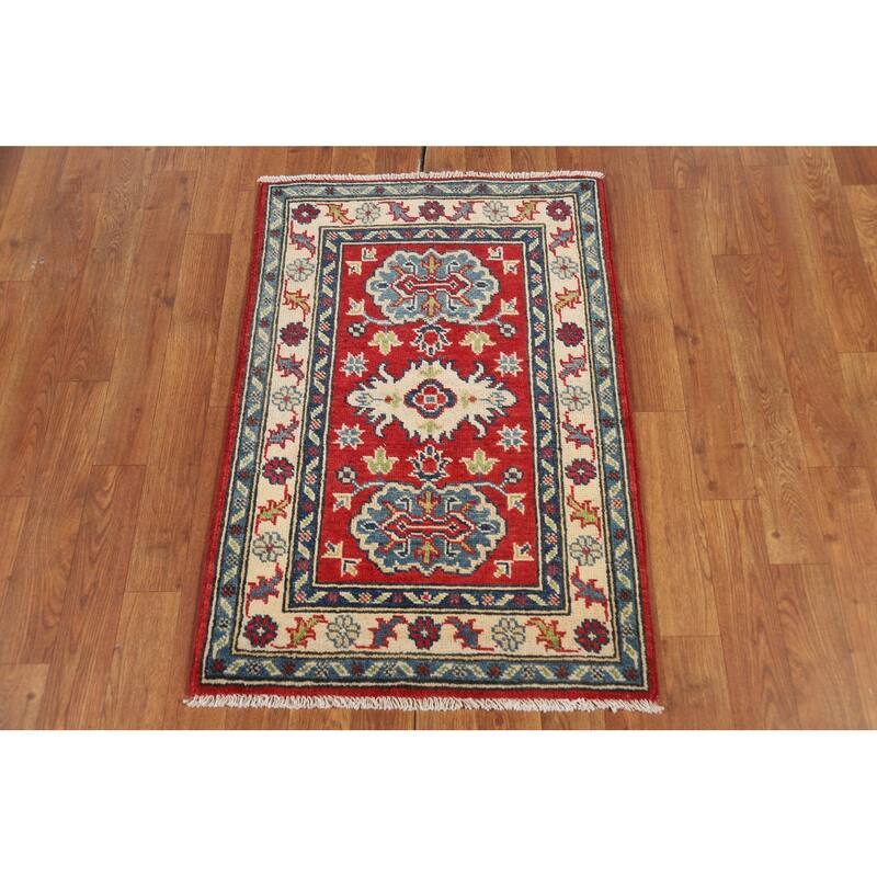 Red Geometric Kazak Oriental Foyer Rug Handmade Wool Carpet - 2'0" x 3'0"