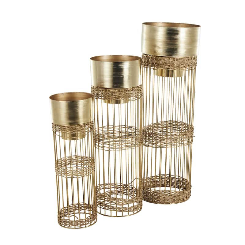 Metal Textured Dome Indoor Planter with Woven Seagrass or Rattan and Cage Rod Base - Set of 3 Gold or Silver - Roche River Decor