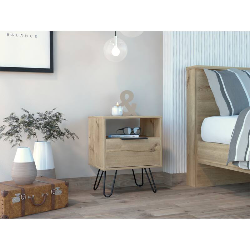 FM Furniture Vienna Nightstand with Shelves and Hairpin Legs