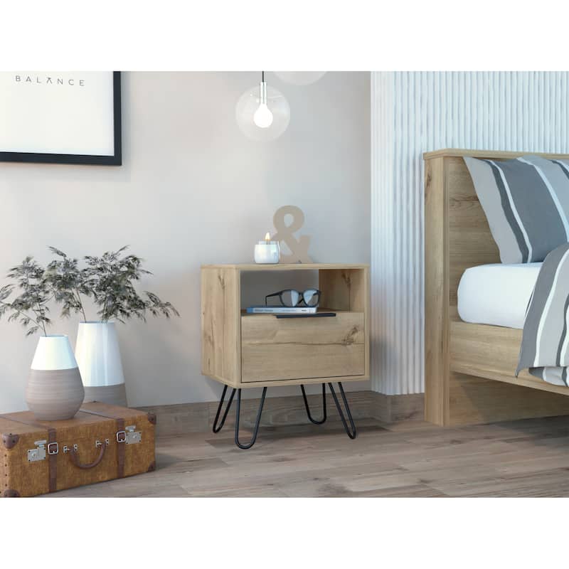 Light Oak Nightstand with Shelf and Drawer, Modern Industrial Design - Light Oak