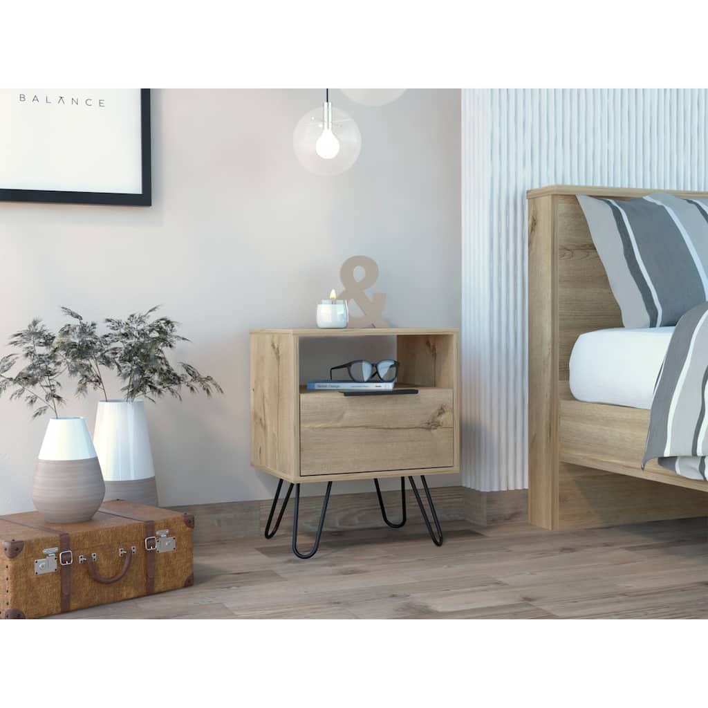 Light Oak Nightstand with Shelf and Drawer, Modern Industrial Design