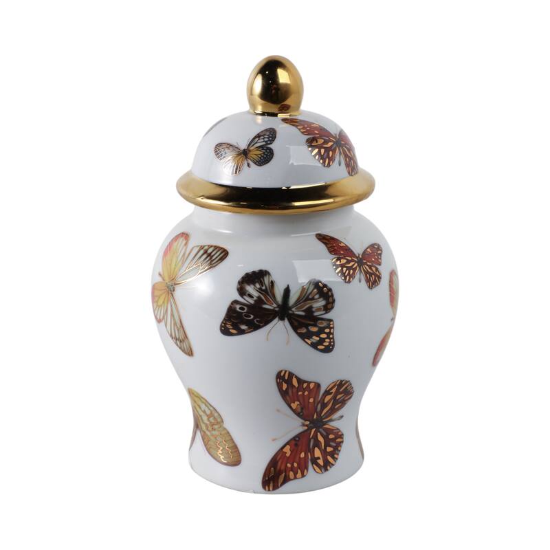 Ceramic Decorative Temple Jar with Lid and Metallic Butterfly Motif