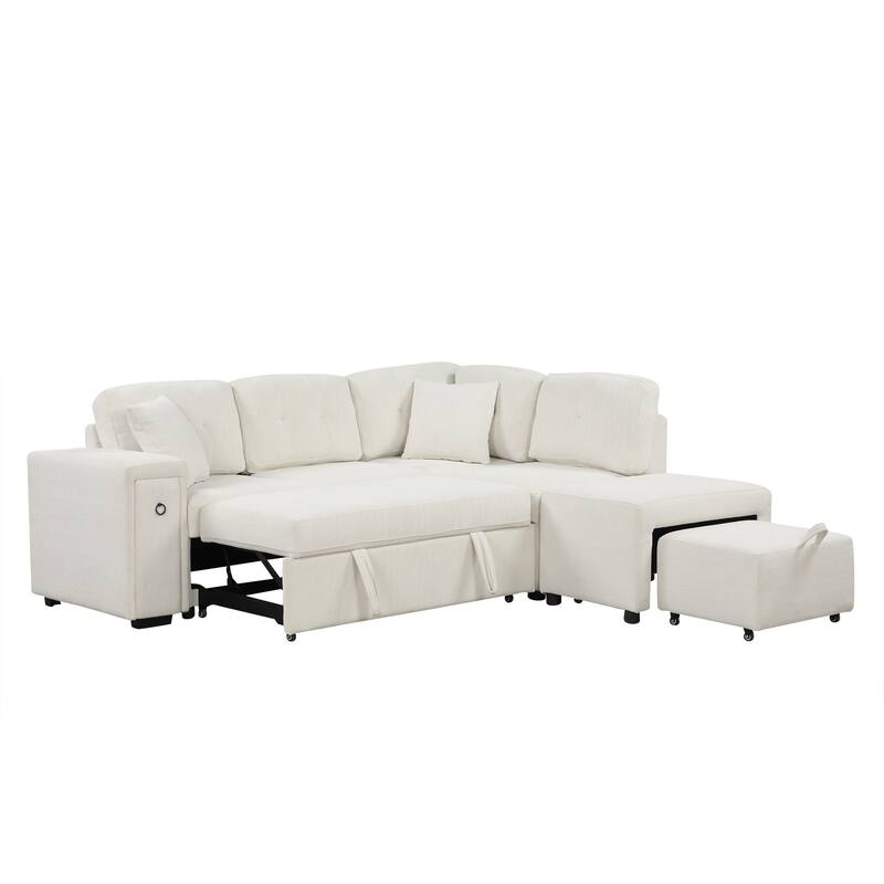 Beige 86.6" L-Shaped 4-Seat Sectional Sofa with Pull-Out Bed, Movable Ottoman, USB Ports, and Cup Holder Drop-Down Table