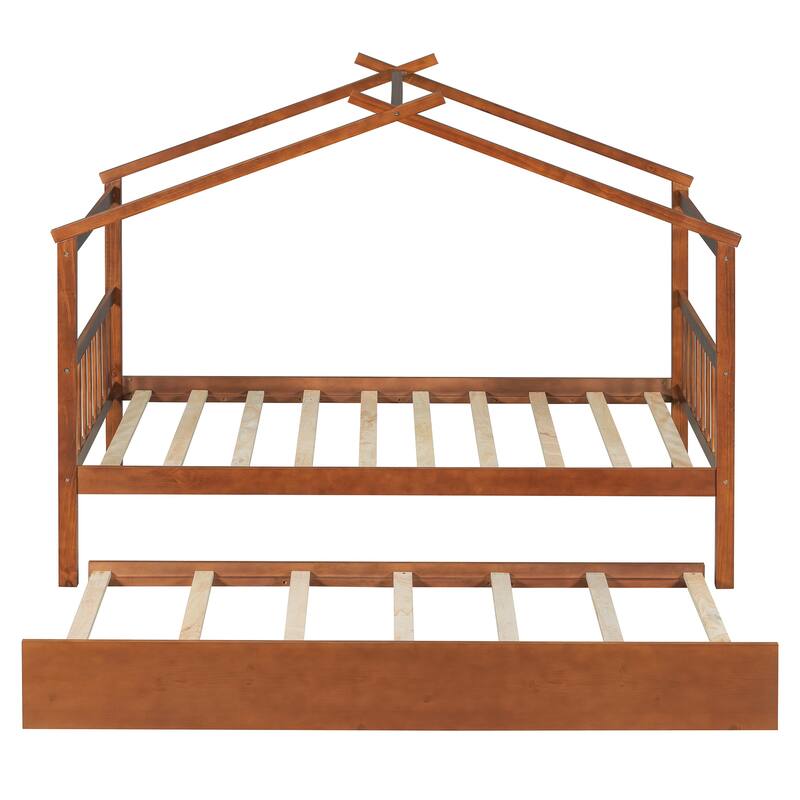 Solid Wood House Platform Bed Frame with Trundle Bed and Roof