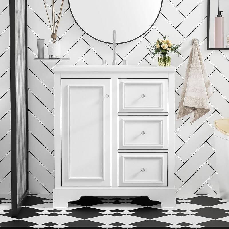 30" Modern Bathroom Vanity with Sink and Elegant Storage Cabinet with Mirror, Freestanding Vanity Set - White - Without mirror cabinet