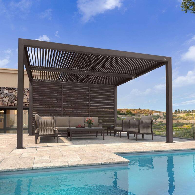 PURPLE LEAF Bronze Louvered Pergola with Adjustable Roof for Deck Backyard Garden Hardtop Gazebo