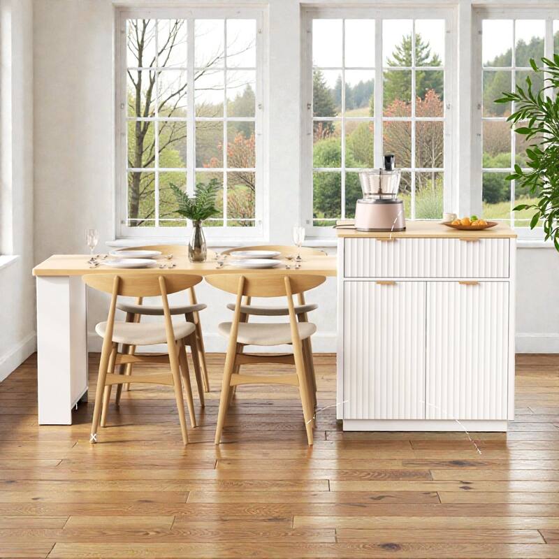 82.6" Fluted Kitchen Island with Extendable Dining Table for 2-6, Power Outlet, Double-Side Storage, Drawers