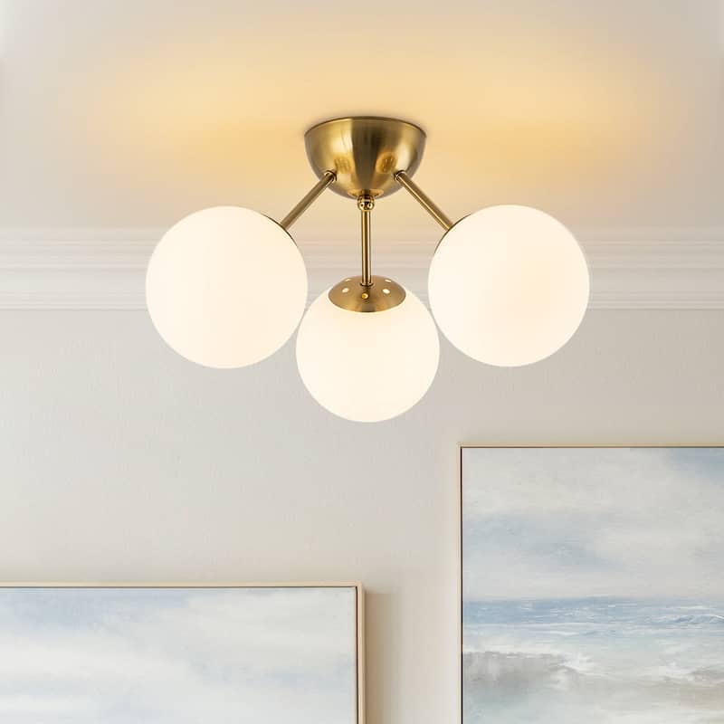 3-Light Brushed Brass Glass Globe Sputnik Semi Flush Mount - Opal Glass