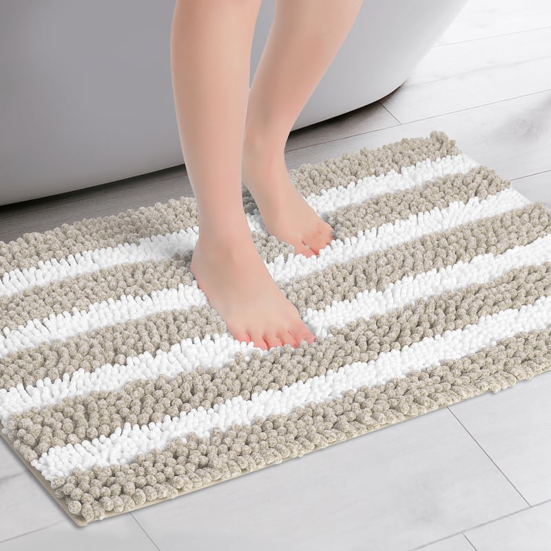 Striped Absorbent Chenille Bath Rugs, Non-Slip Plush Carpet, Floor Mats for Tub, Shower, Bathroom