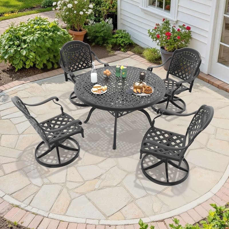 5-Piece Aluminum Round Outdoor Patio Dining Set, 4 Cushioned Swivel Chairs, Table, All-Weather Frames