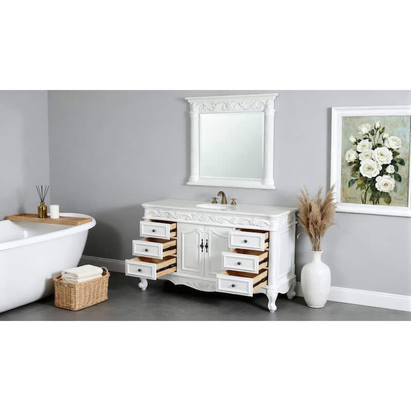 Benton Collection 56 Inch Antique White Traditional Style Single Sink Beckham Bathroom Vanity