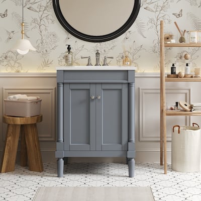 24'' Bathroom Vanity with Top Sink, 2-Tier Modern Bathroom Storage Cabinet, Single Sink Bathroom Vanity, Large Storage Shelves