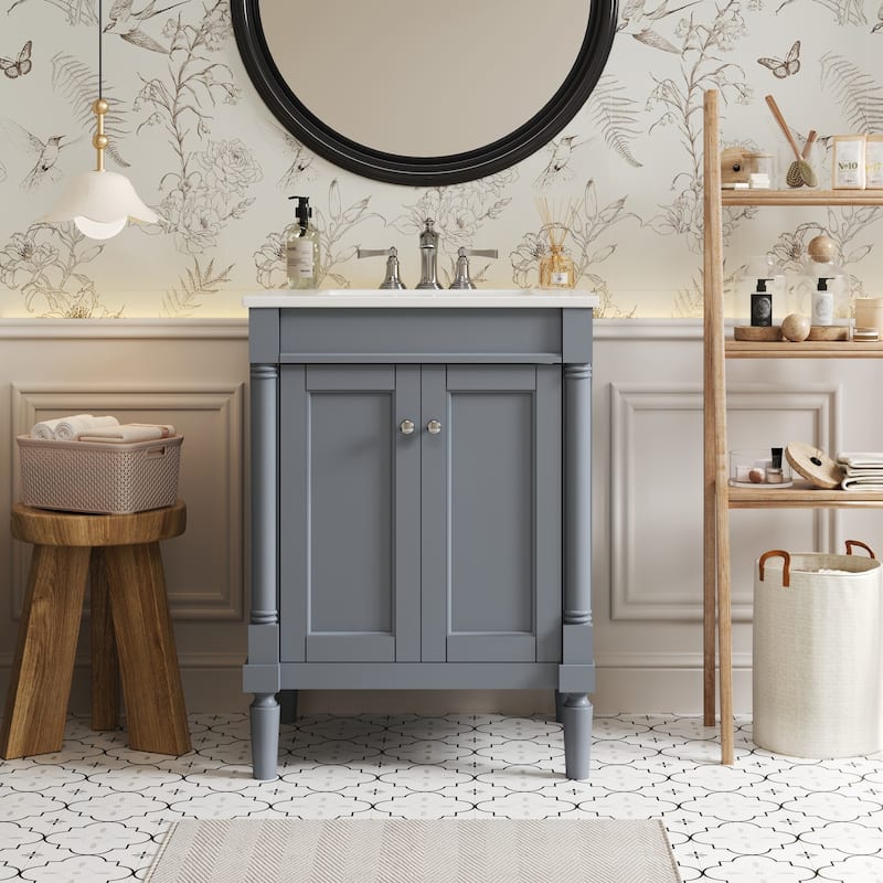 GDFStudio - Halston 2-Tier Modern Bathroom Storage Cabinet with Ceramic Sink and Large Storage Shelves - 24'W