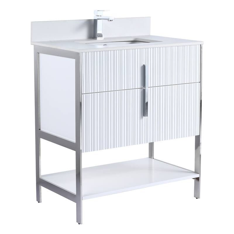 Fine Fixtures Serenity Modern Bathroom Vanity with White Stone Top - White Matte - Chrome Hardware - 30 inch