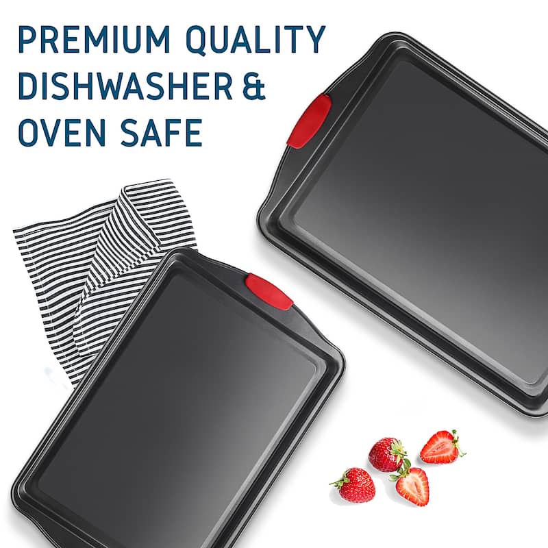JoyTable Nonstick Steel Baking Sheet - 2PC Cookie Sheet Set with Silicone Handles - Black BPA Free Baking Pan for Oven