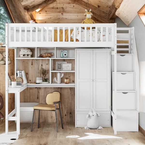 slide 2 of 17, Full Size Loft Bed With Bookshelf,Drawers,Desk,and Wardrobe,Sturdy Construction White