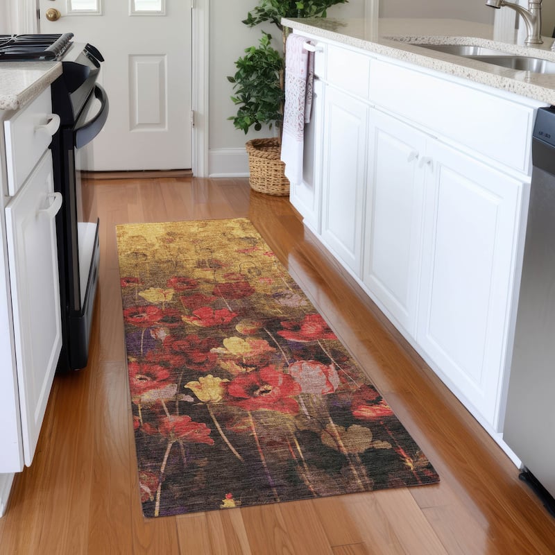 Machine Washable Indoor/ Outdoor Modern Floral Chantille Rug - Gold - 2'3" x 7'6"