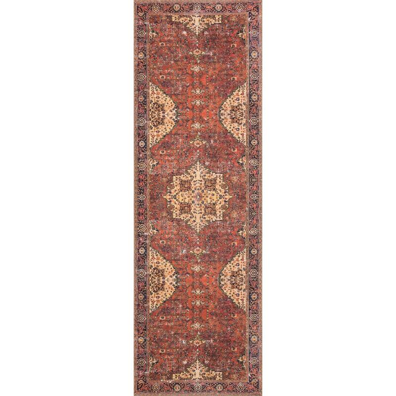 Alexander Home Tremezzina Printed Distressed Medallion Area Rug - 2'6" x 7'6" Runner - Red/Navy