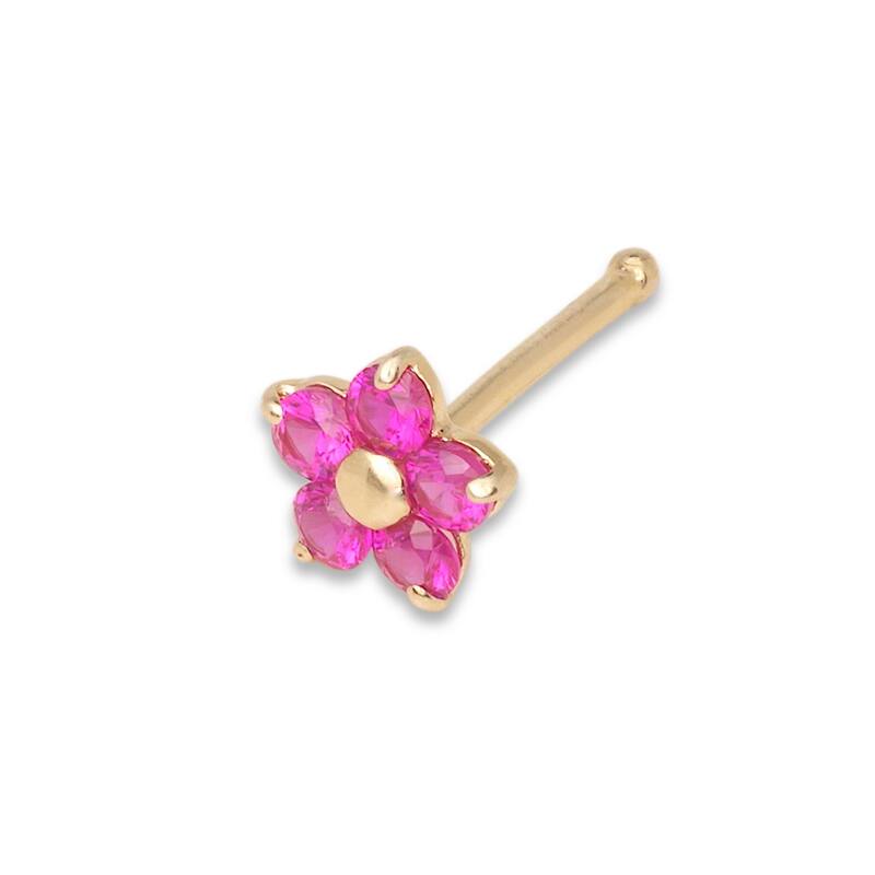 Curata Solid 14k Yellow Gold Purple, Green, Red, Pink or Blue Cubic Zirconia 3mm Flower Nose stud