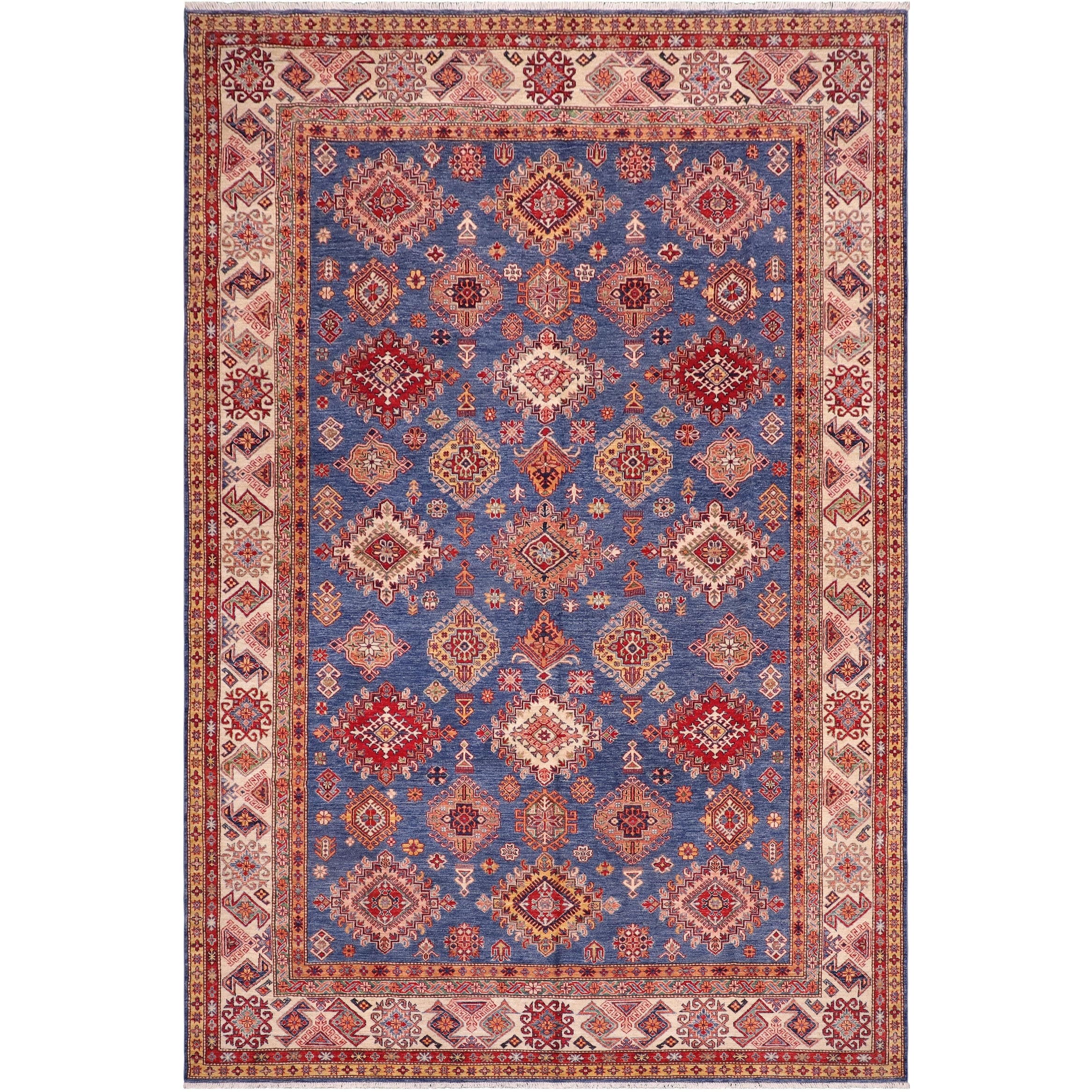 Caucasian Super Kazak Revel Blue/Natural Hand Knotted Wool Rug - 8'8'' x 12'2''
