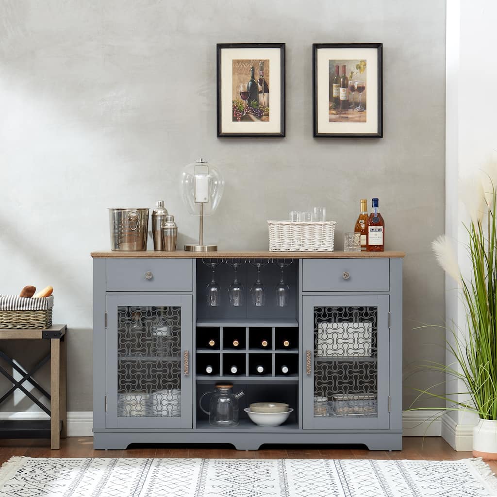 Elegant Wine Rack Storage Cabinet, Light Blue Sideboard Cabinet with Glass Doors, Bar Cabinet with Wine Bottle Racks