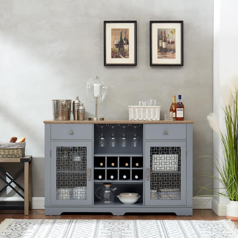 Modern Farmhouse Buffet Cabinet, Sideboard with 2 Drawers and Elegant Glass Door Cabinets, Wine and Glass Rack, Coffee Bar