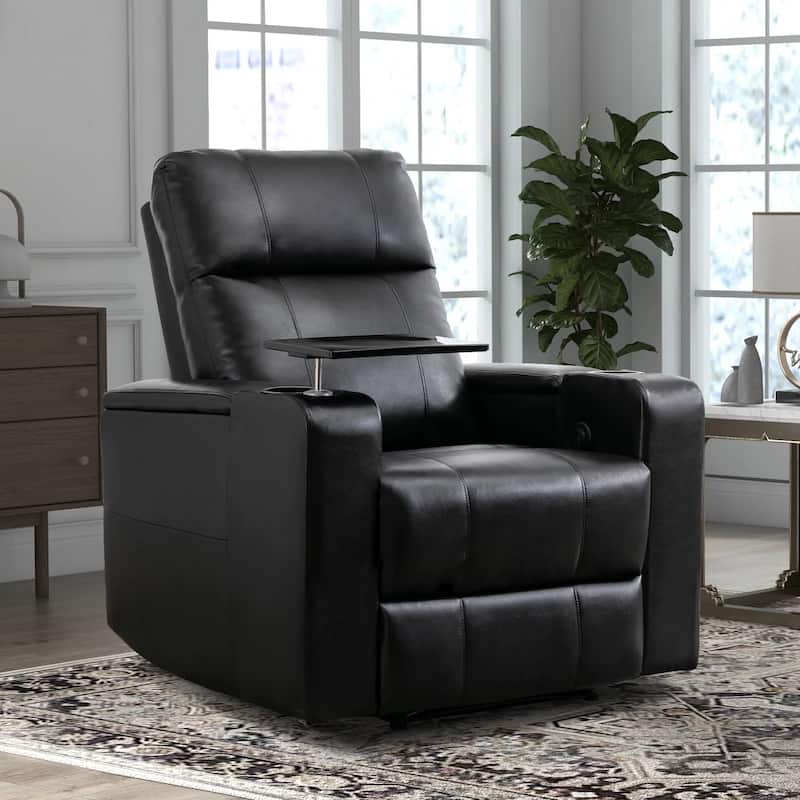 Electric Recliner for Living Room Home Seating Leather Reclining Chair with Cup Holders USB Ports and Hidden Storage - Black