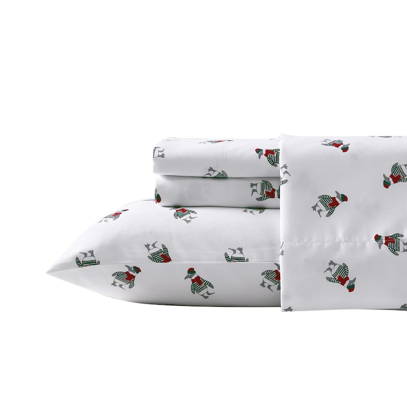 Nautica Cozy Brushed Flannel Printed Sheet Sets - King - Penguin Toss Green