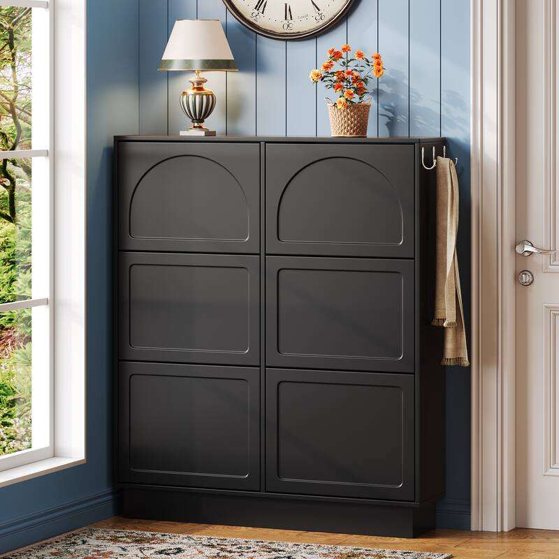 Narrow Shoe Cabinet with 6 Flip Drawers - Space Saving Entryway Organizer with Adjustable Shelf & 3 Hooks