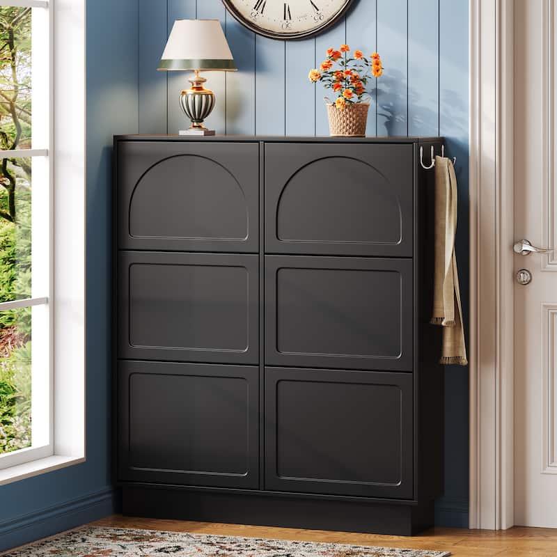 Sleek Cream-Colored Tipping Bucket Shoe Cabinet – Entryway Organizer with 6 Flip Drawers, Adjustable Shelf & 3 Silver Hooks - Black