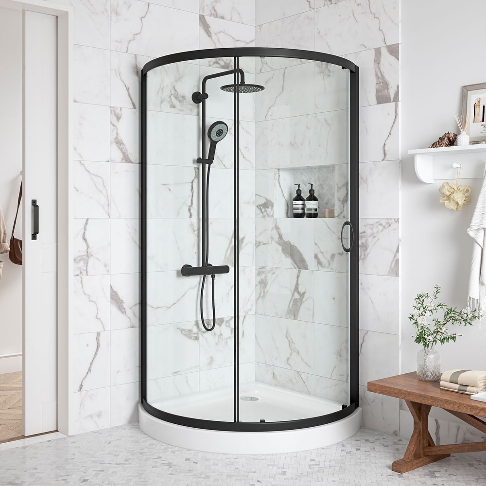 Breeze Round Corner Shower Kit with Clear Sliding Door and Shower Base Pan (Walls not Included)