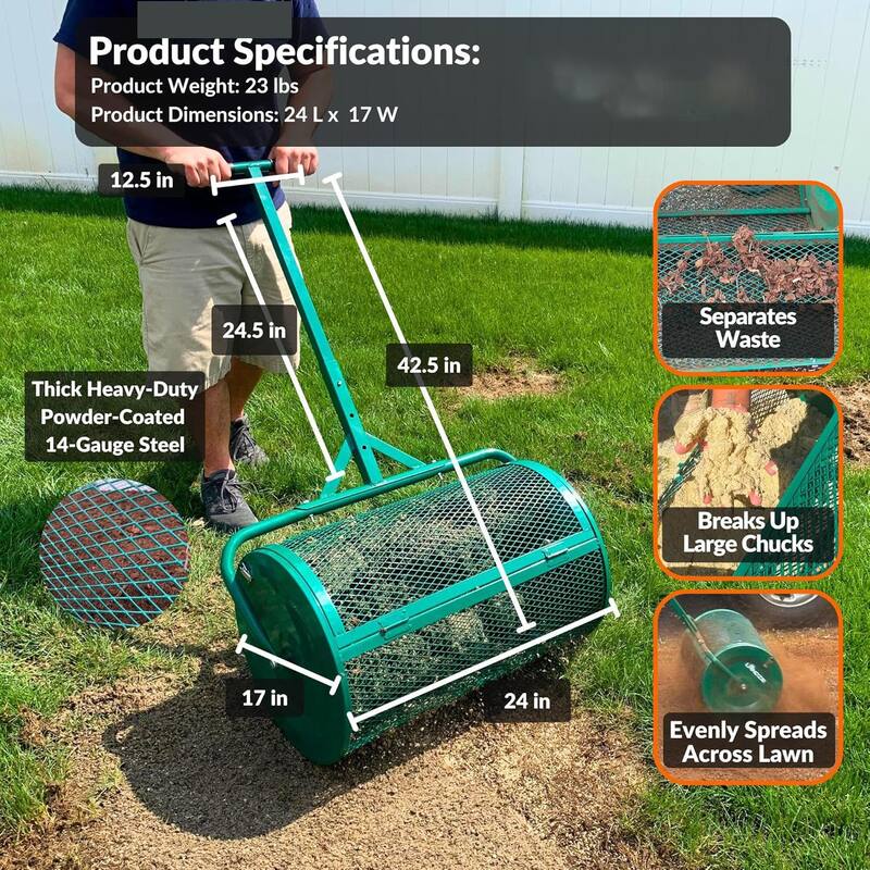The Original 24 Inch Compost and Peat Moss Spreader Roller, Top Soil, Sand, Manure, Mulch, Top Dressing Lawn and Garden Spreader
