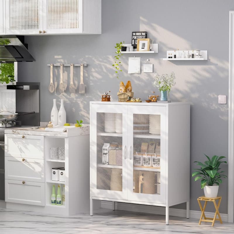 Metal Storage Cabinet with Mesh Doors,Steel Display Cabinet with Adjustable Shelves,Metal Office Storage Locker